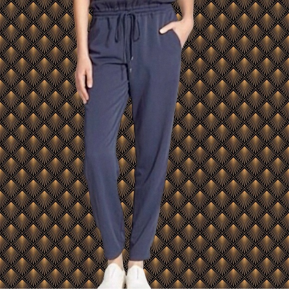 Vince Navy Blue 100% Silk Drawstring Waist Tapered Slim Leg Tuxedo Stripe Pants - Picture 1 of 16